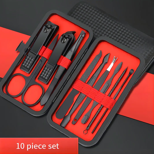Black 10‑Piece Nail Clipper Set – Travel Grooming Kit